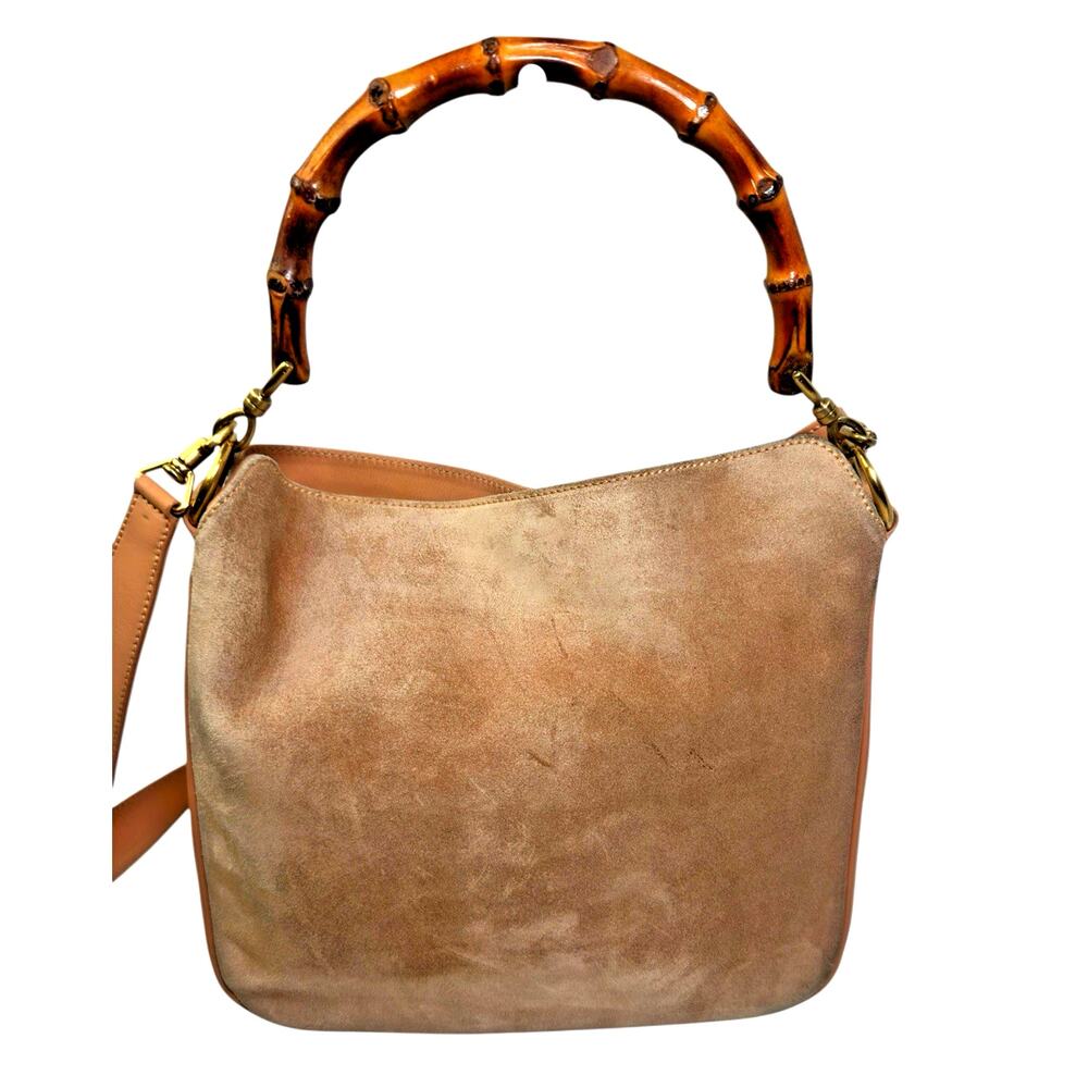 Vintage Gucci Bamboo Suede Top Handle Shoulder Bag Brown Leather Trim Italy